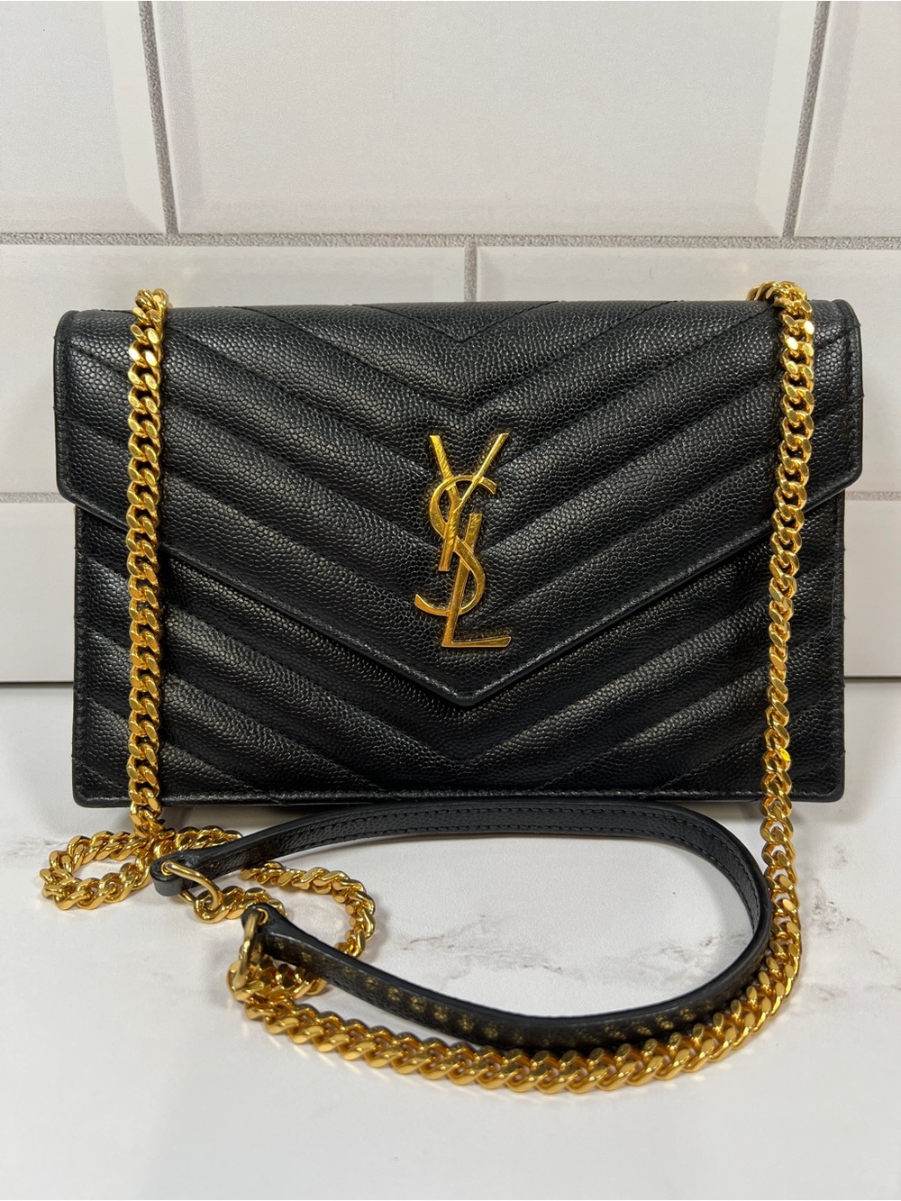 YSL Yves Saint Laurent Cassandre Matelasse Envelope Chain Wallet Crossbody Purse